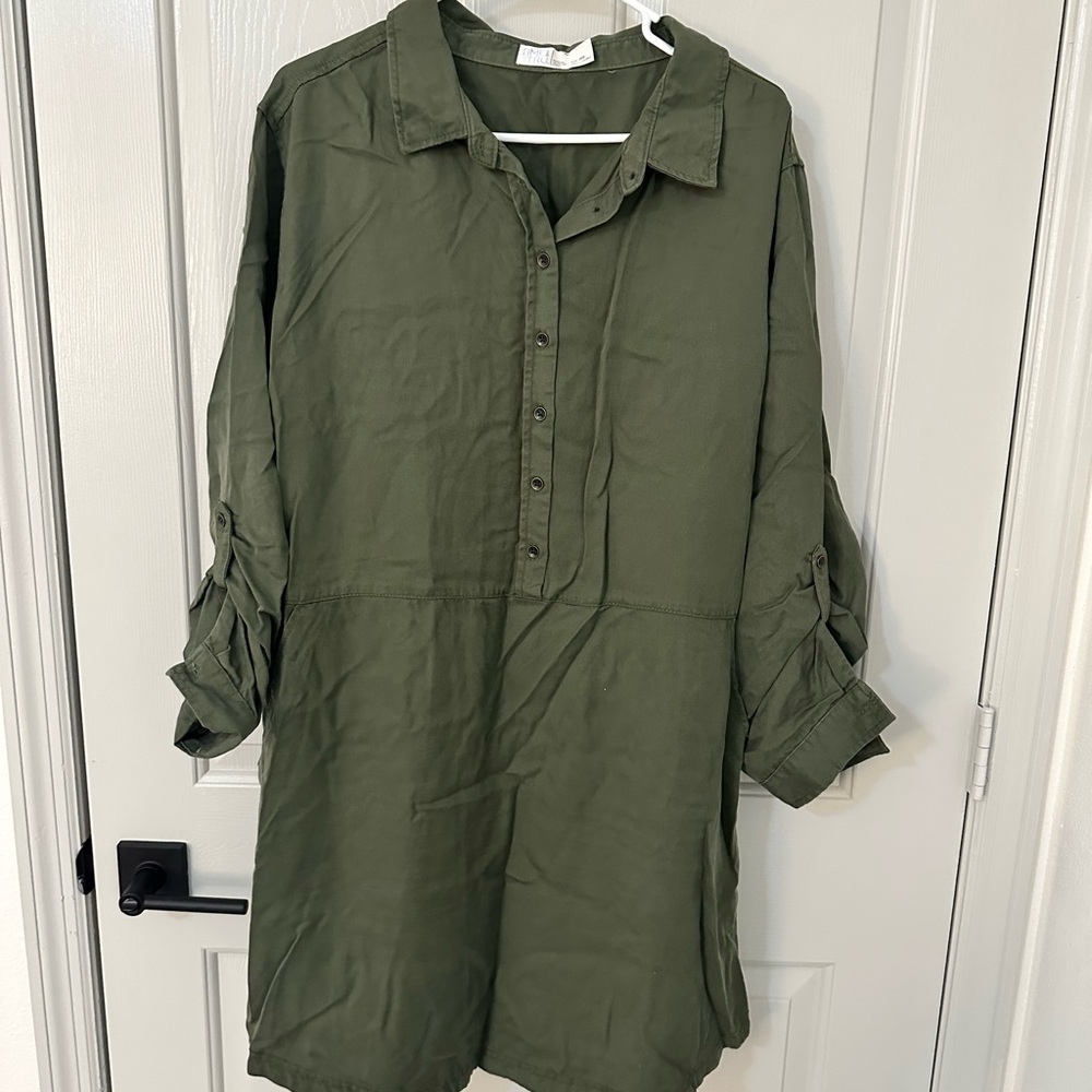 Button Up Roll Sleeve Olive Green Dress